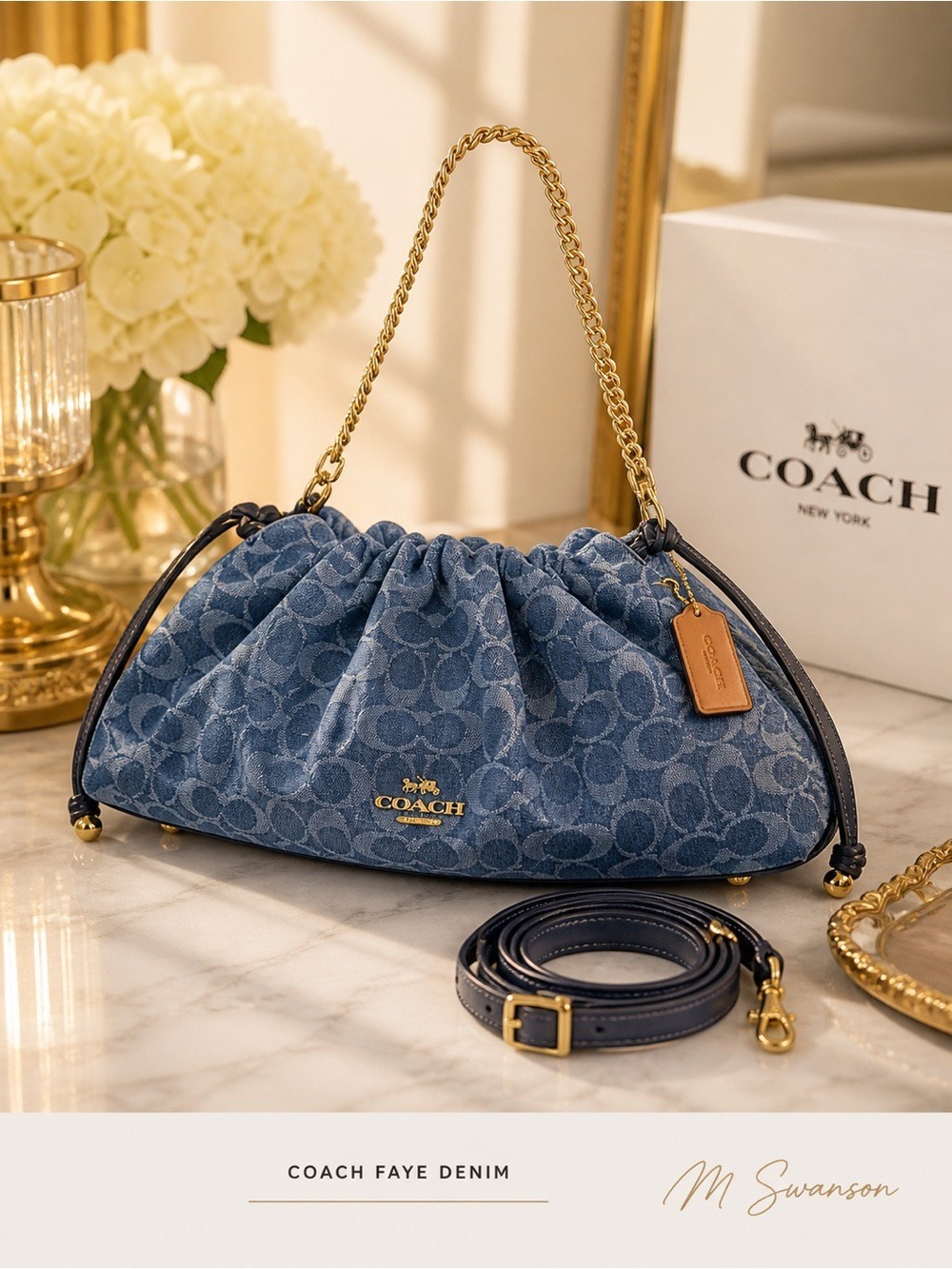 NEW Coach Faye Large Shoulder Bag in Signature Denim | Blue | CDB97 | NWT